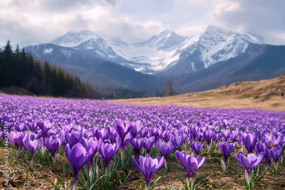 Fototapeta premium Vast field of blooming purple crocus flowers under cloudy sky with snow-capped mountains and forest in the background