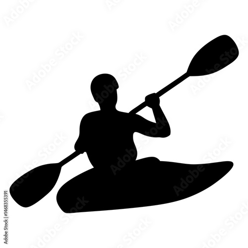 Silhouette of person kayaking with paddle for a recreational or sporting activity