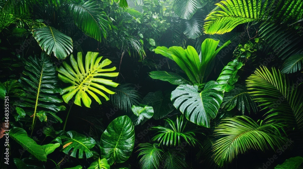 Fototapeta premium Lush tropical foliage, vibrant green leaves in dense jungle backdrop