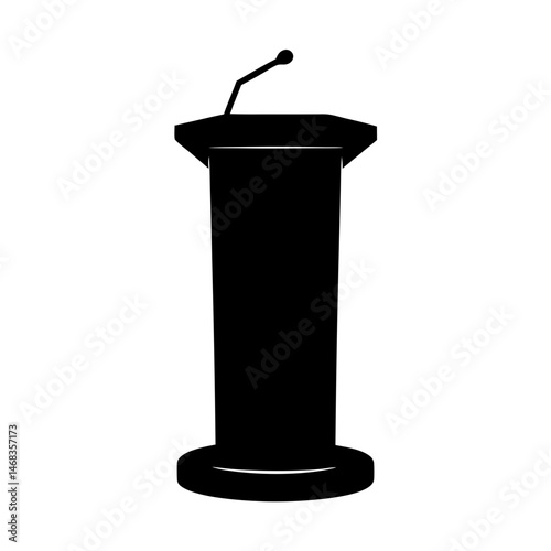A black silhouette of a public speaking podium and microphone on white
