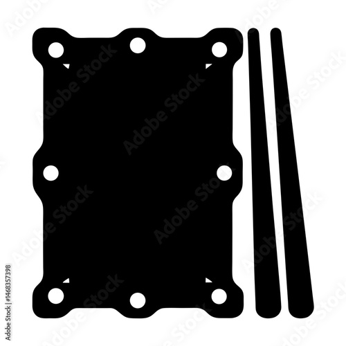 Geometric black and white abstract design featuring holes and parallel lines
