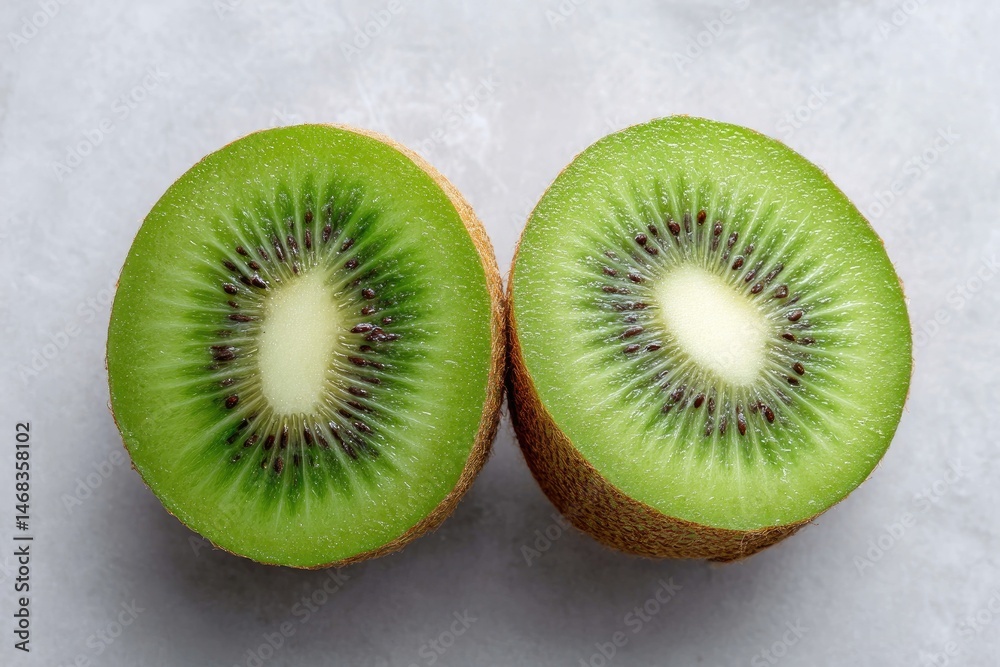 Freshly cut kiwi halves displayed on a light surface. Freshly cut kiwi halves displayed on a light surface.