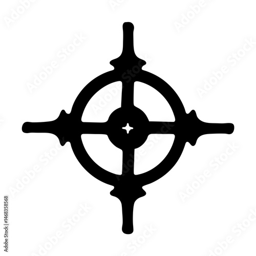 Stylized compass rose with pointed extensions and a central star motif design
