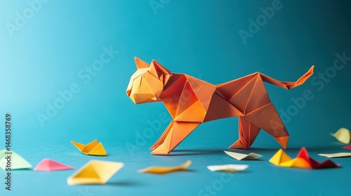Fototapeta Naklejka Na Ścianę i Meble -  Vivid origami cat on turquoise backdrop, a creative paper animal craft