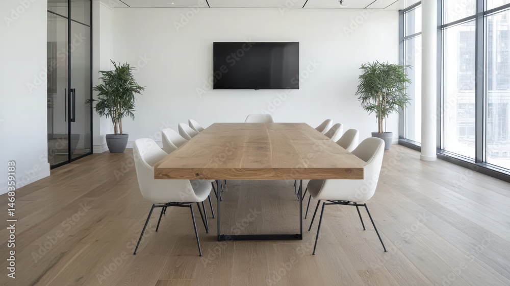 Fototapeta premium Modern corporate boardroom featuring large wooden table, white chairs, and wall mounted screen