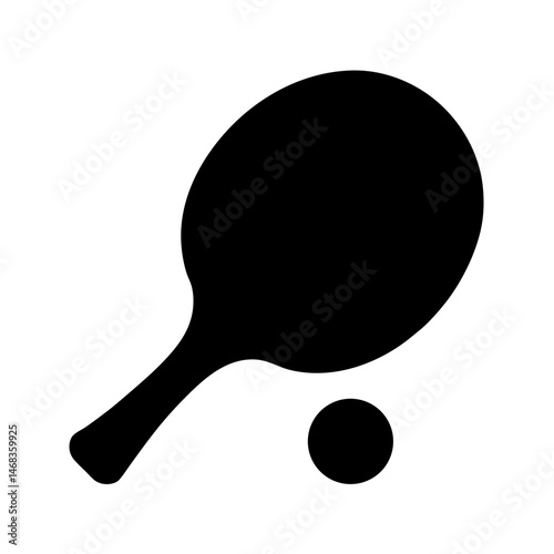 Bold black and white graphic of ping pong paddle and ball ready