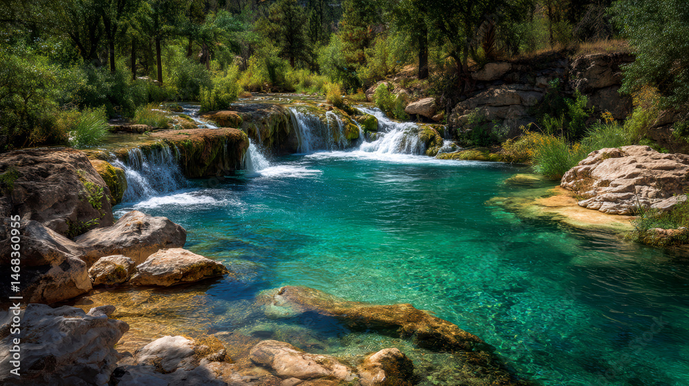 Naklejka premium Vibrant Turquoise Waterfall Flowing Over Rocks