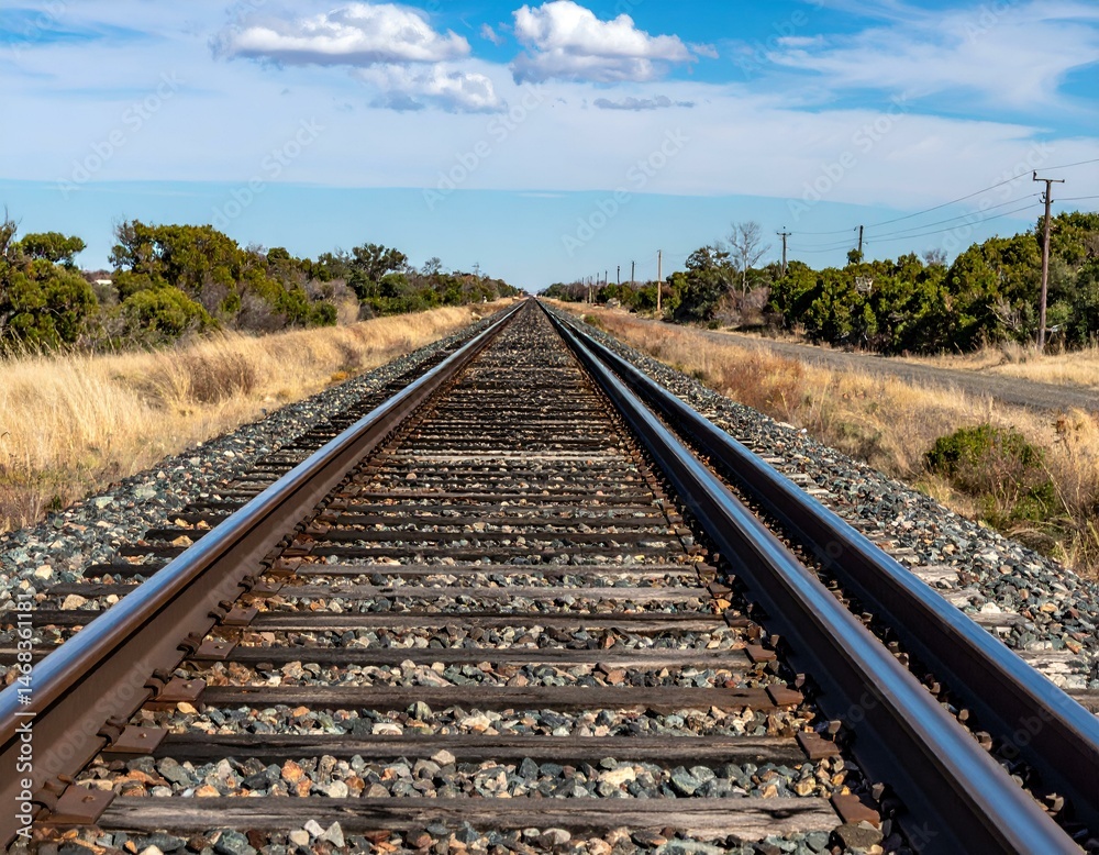 Fototapeta premium Scenic railroad tracks vanishing into the horizon under a vibrant blue sky. Perfect for travel, adventure, and journey themes.