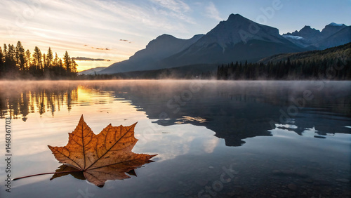 Wallpaper Mural A maple leaf on still water of a mountain lake at sunrise, morning mist. Calm and self reflection Torontodigital.ca