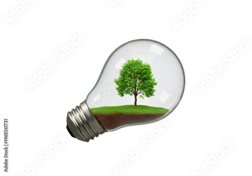 透明な背景に土と緑の木を収めた電球 新しいエネルギーと環境の持続可能性の概念