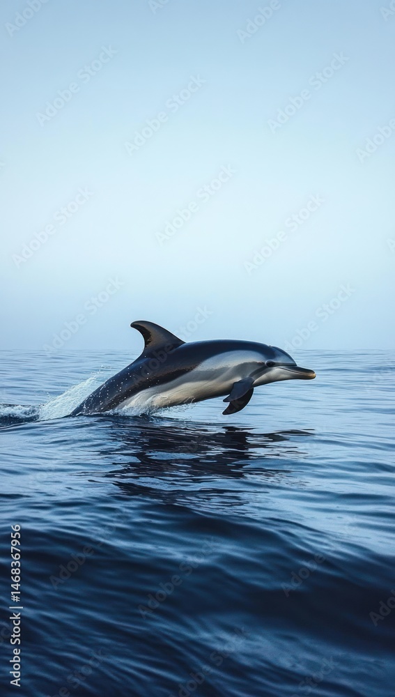 Fototapeta premium Playful dolphin leaping above calm ocean water under clear sky conveying freedom and grace