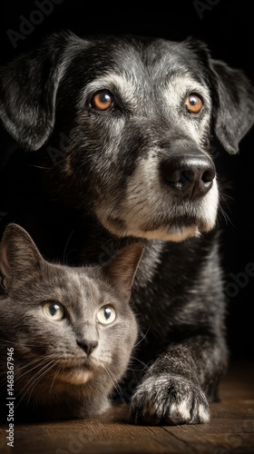 Close-up portrait of a senior dog and cat.