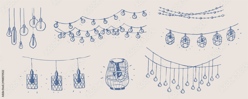 Summer lights, boho garland doodles. Holiday elements. Party drawings. Hand drawn illustration of outdoor hanging light bulbs. Decorative sketches isolated. Graphic background.