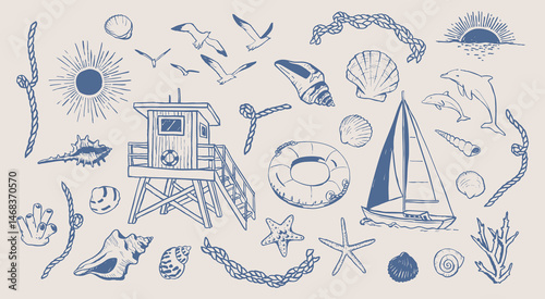 Summer sea elements, marine doodles. Coastal beach vacation drawings. Hand drawn illustration of rope, corals, guard post, sun, seagull, boat and shells isolated. Graphic sketches background.