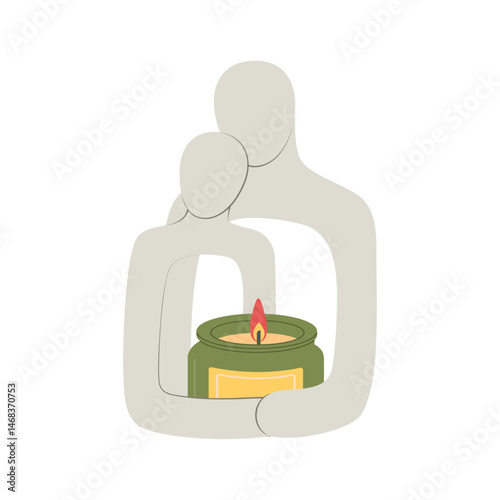 A minimalist, abstract candle holder featuring two figures embracing. Symbolizes care, warmth, comfort, and emotional support. Great for self-care, relationships, and well-being concepts.