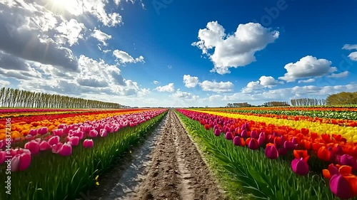 Vibrant tulip field stretches under a bright sky, showcasing colorful blooms and a serene path