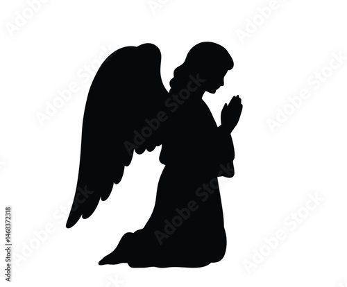 Praying angel silhouette. This image shows a kneeling figure with raised hands, symbolizing prayer and devotion. Vector clipart illustration design.