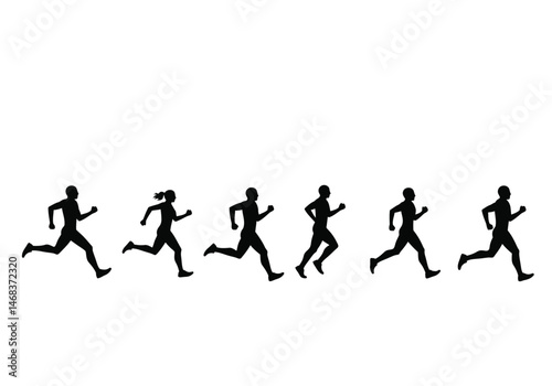 People running silhouette. This image shows a group of individuals in active motion, captured in dynamic black outlines, symbolizing speed, energy, and athleticism. Vector clipart illustration design.
