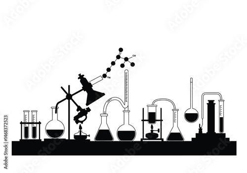 Chemistry silhouette. This image represents various scientific elements like beakers, flasks, and molecular structures, symbolizing chemical research and experimentation.  clipart illustration design.