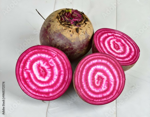 Fresh, vibrant Chioggia beets, one whole and two sliced, showcasing their unique concentric rings of pink and white.