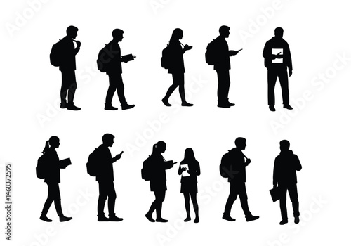 Students silhouette. This image depicts a group of learners in dark outline, representing education, learning, and academic growth in various settings. Vector clipart illustration design.