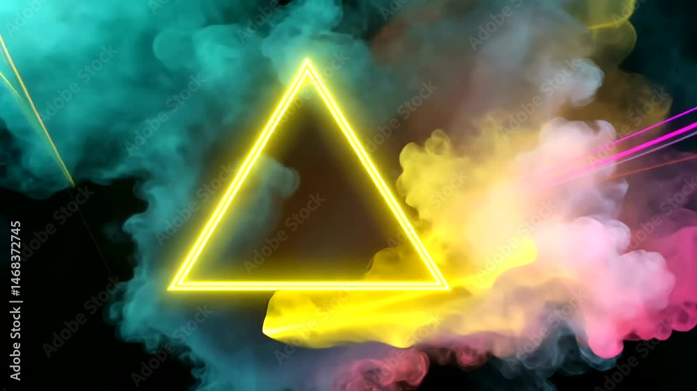 Neon triangles in colorful smoke