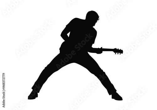 Guitar player silhouette. This image shows a black silhouette of a person playing a guitar, highlighting the musician's posture and the instrument. Vector clipart illustration design.