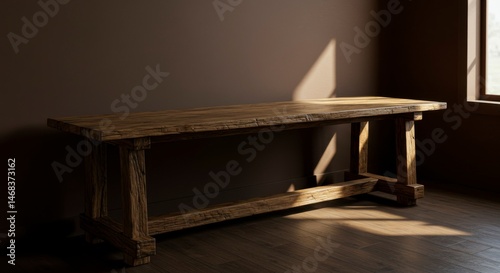 Rustic wooden table in a room with warm lighting