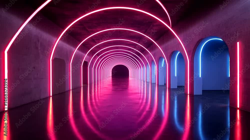Neon-lit arched tunnel with mirrored floor