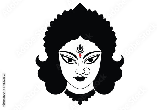 Durga face silhouette. This image showcases a symbolic depiction of the Hindu goddess Durga in a bold outline, emphasizing devotion, spirituality, and divine grace. Vector clipart illustration design.