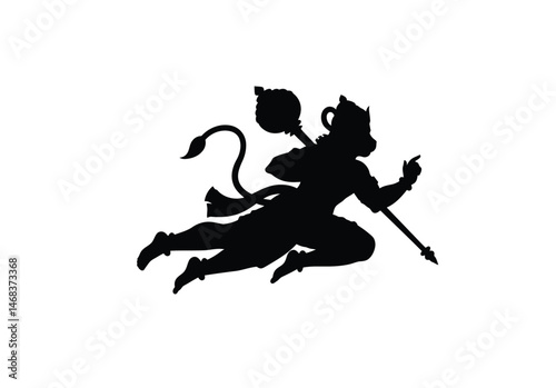 Lord Hanuman silhouette. This image depicts a symbolic representation of Lord Hanuman in dark outline, embodying devotion, strength, and spiritual guidance. Vector clipart illustration design.