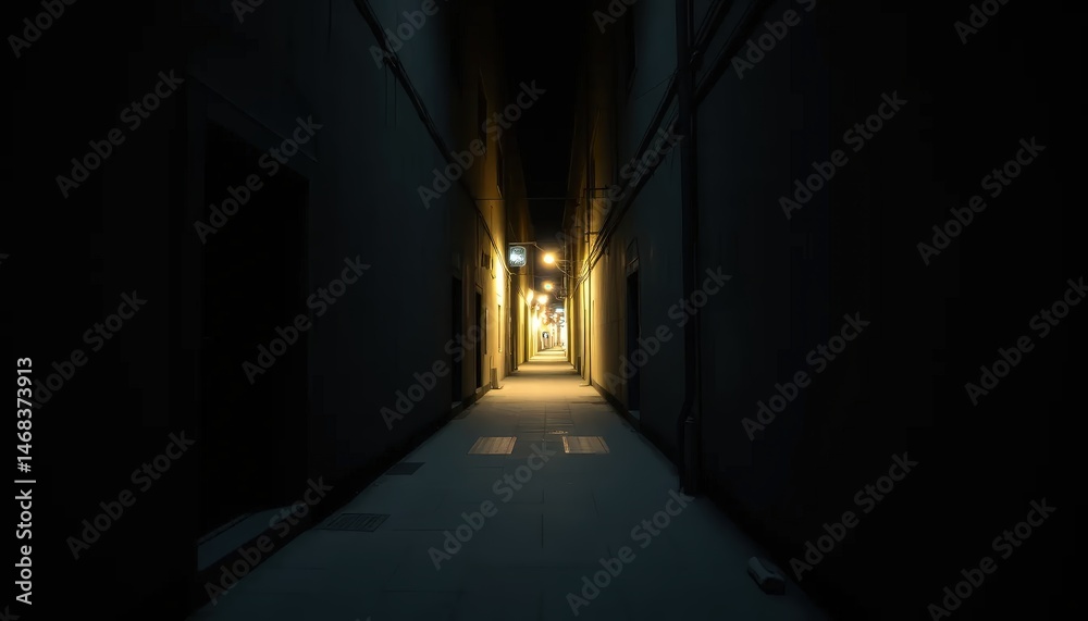 Obraz premium A narrow, dimly lit alleyway stretches into the distance