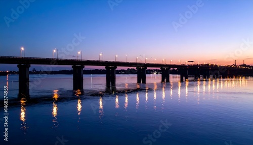 Wallpaper Mural Illuminated bridge reflecting on calm water at twilight. Serene, picturesque scene. Torontodigital.ca