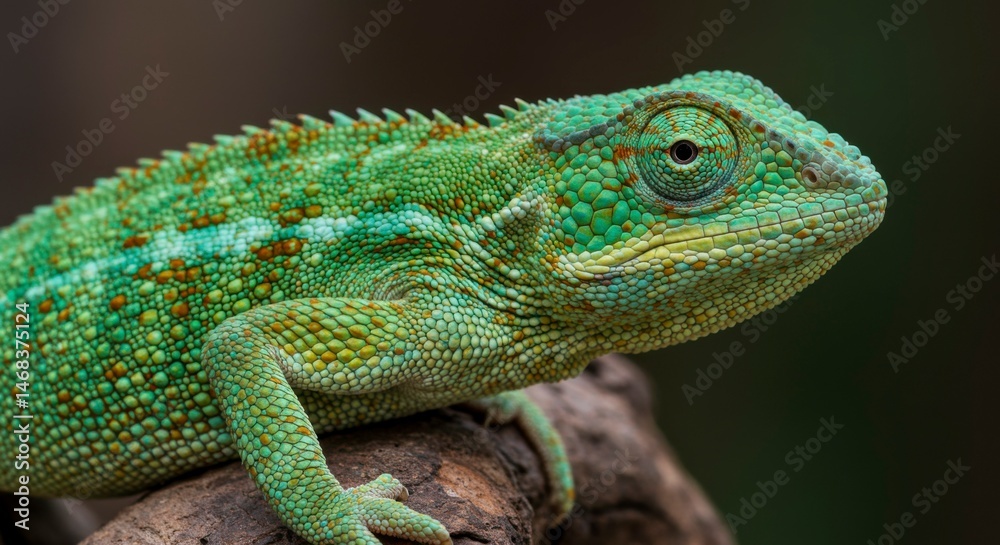 Fototapeta premium Close-up of a vibrant green chameleon perched on a branch