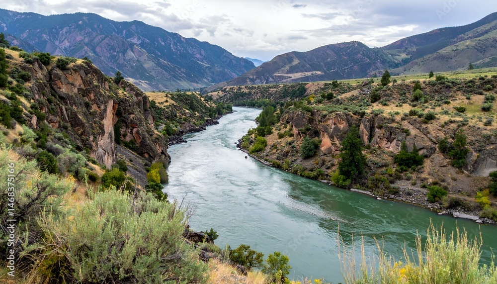 Fototapeta premium Serpentine river carving through a mountain valley. Dramatic landscape photography.