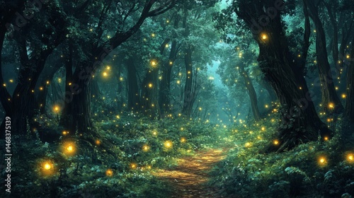 Enchanted Forest Path at Night with Glowing Fireflies
