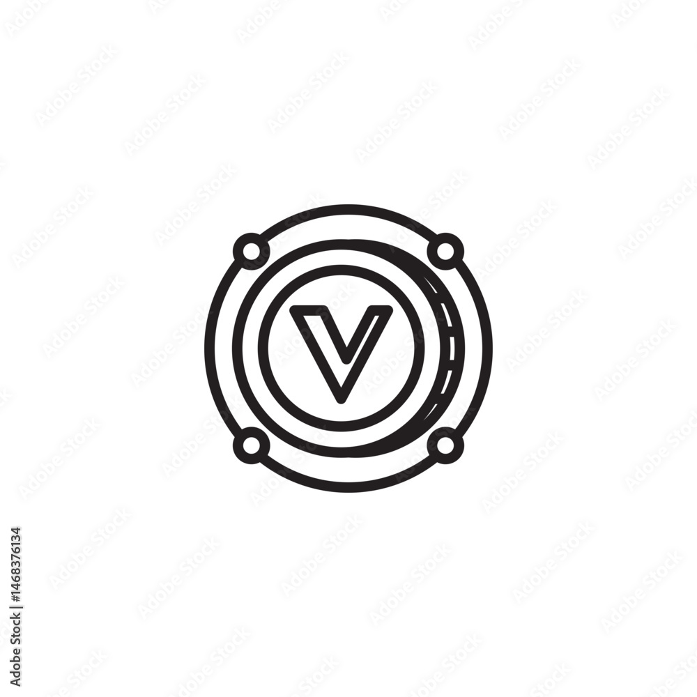 Fototapeta premium A line art icon featuring a capital 'V' enclosed within concentric circles and four smaller circles positioned around the outer ring, likely representing a voltmeter or related concept.