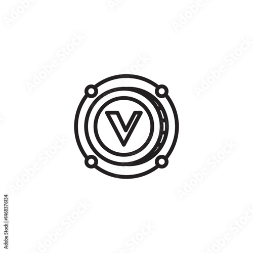 A line art icon featuring a capital 'V' enclosed within concentric circles and four smaller circles positioned around the outer ring, likely representing a voltmeter or related concept.