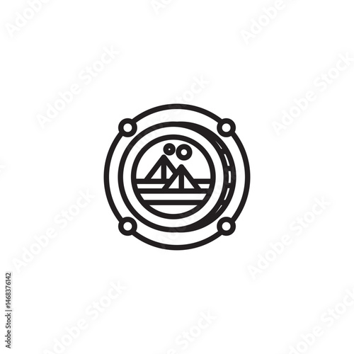 A line art icon featuring two stylized figures sitting on a triangular shape above a horizontal line and a circle, all enclosed within concentric circles and four smaller circles on the outer ring.