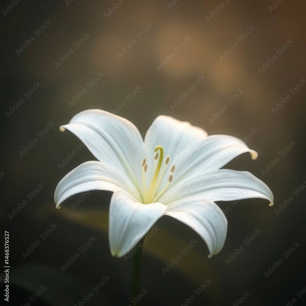 Fototapeta premium Elegant White Lily Flower Bloom with Soft Lighting on Dark Background