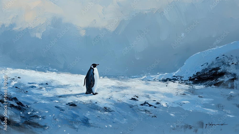 Obraz premium Penguin is standing on a snowy field. The sky is cloudy and the penguin appears to be alone