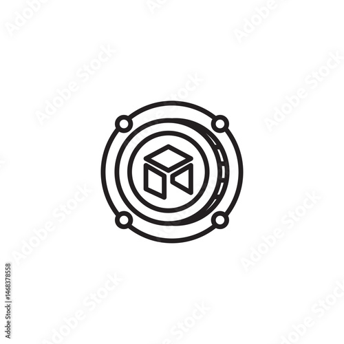 A circular icon features a stylized cube or box at its center, surrounded by concentric rings and four connecting nodes, suggesting a digital asset, storage, or network component.