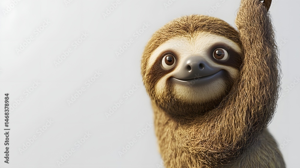 Fototapeta premium An adorable 3D cartoon sloth hanging slowly on white background for cute animal illustrations