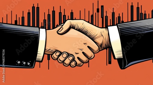 Business handshake illustrating collaborative success and partnership in financial stock market growth with investment agreement chart backdrop