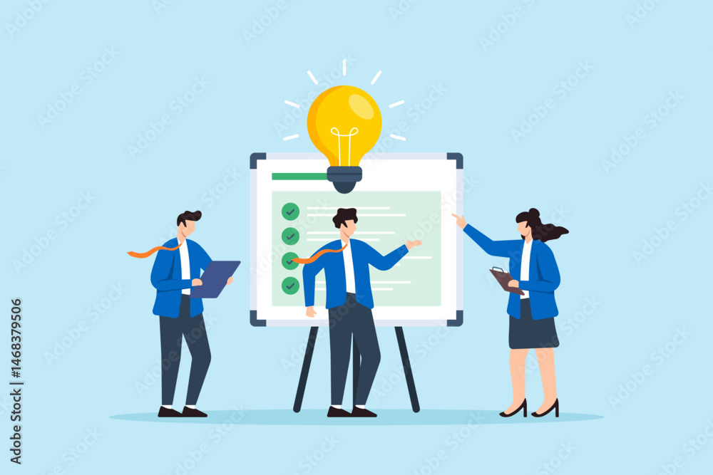 Flat illustration of business team brainstorming with checklist whiteboard and lightbulb representing collaboration and creative planning strategy Flat illustration of business team brainstorming with checklist whiteboard and lightbulb representing collaboration and creative planning strategy