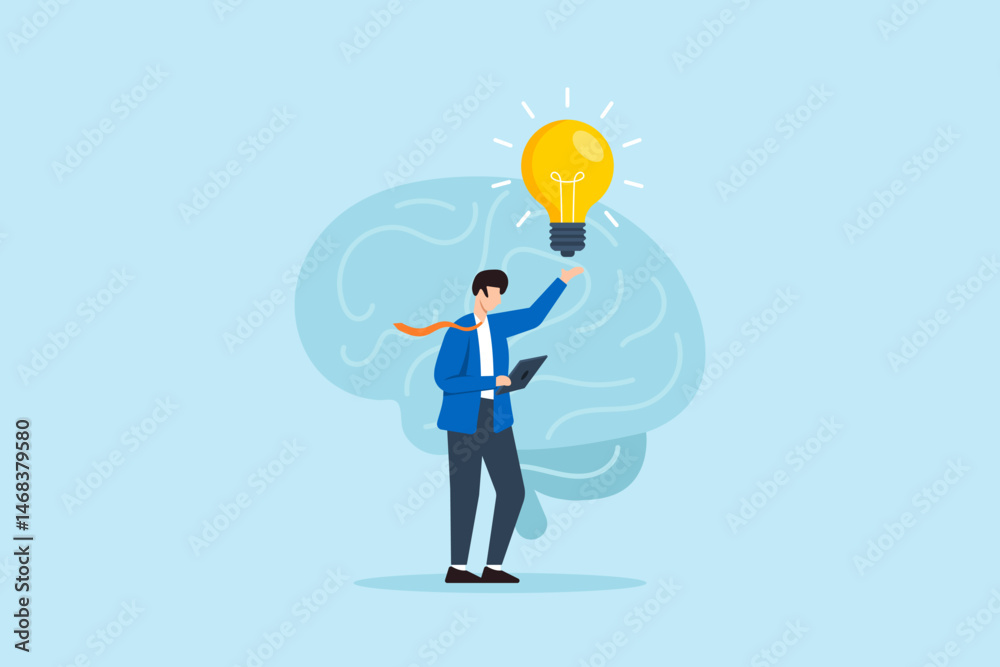 Flat illustration of businessman raising bright lightbulb while holding tablet in front of large brain symbolizing creative thinking and innovation in digital brainstorming Flat illustration of businessman raising bright lightbulb while holding tablet in front of large brain symbolizing creative thinking and innovation in digital brainstorming