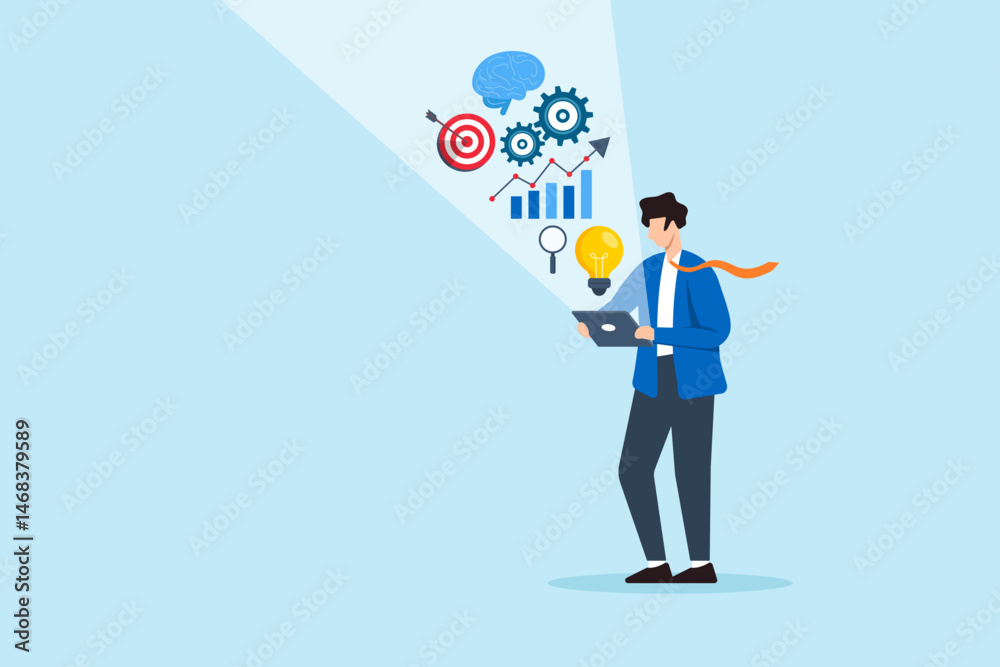 Flat illustration of businessman discovering insight with tablet projecting data visualization brain target gears chart and glowing lightbulb as business solution concept Flat illustration of businessman discovering insight with tablet projecting data visualization brain target gears chart and glowing lightbulb as business solution concept