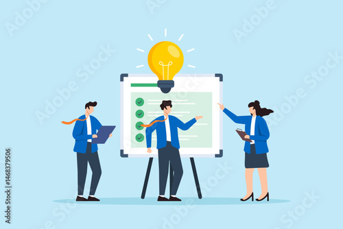 Flat illustration of business team brainstorming with checklist whiteboard and lightbulb representing collaboration and creative planning strategy