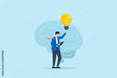 Flat illustration of businessman raising bright lightbulb while holding tablet in front of large brain symbolizing creative thinking and innovation in digital brainstorming