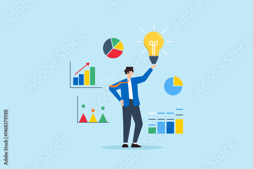 Flat illustration of confident businessman sharing bright idea with lightbulb surrounded by colorful charts and infographic elements representing business strategy and analysis